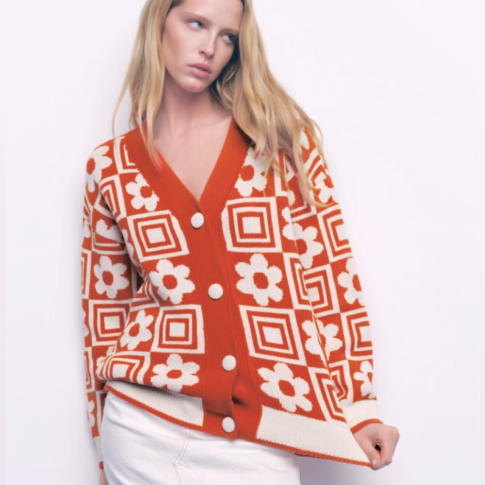 *Zara* Orange & Cream Floral Knit Cardigan, Small